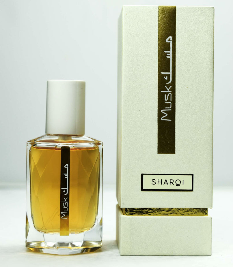 Rasasi Musk Sharqi EDP 50ml bottle, floral and musky scent, elegant perfume with a sleek glass container.