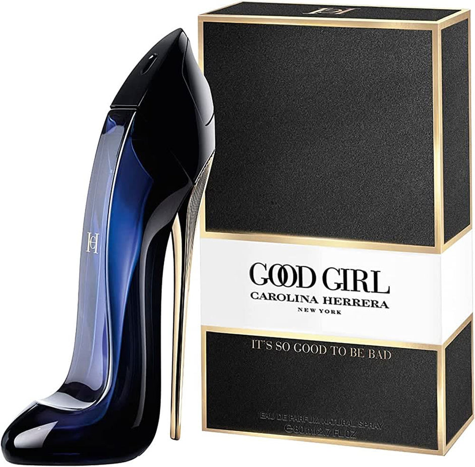 Carolina Herrera Good Girl Eau De Parfum 80ml bottle with black high heel-shaped cap and elegant floral design