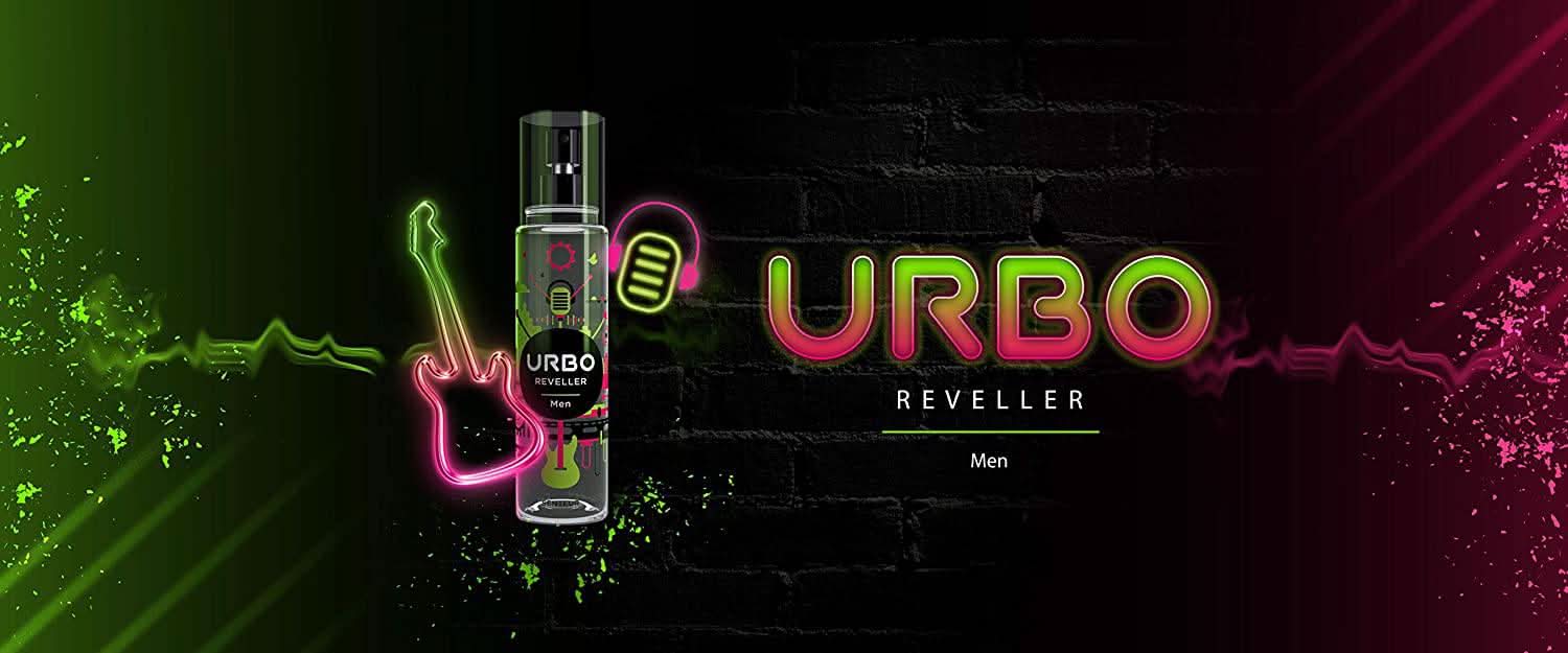 Urbo Reveller for Men body spray mist in 150 mL bottle, featuring a sleek design and fresh, masculine scent.