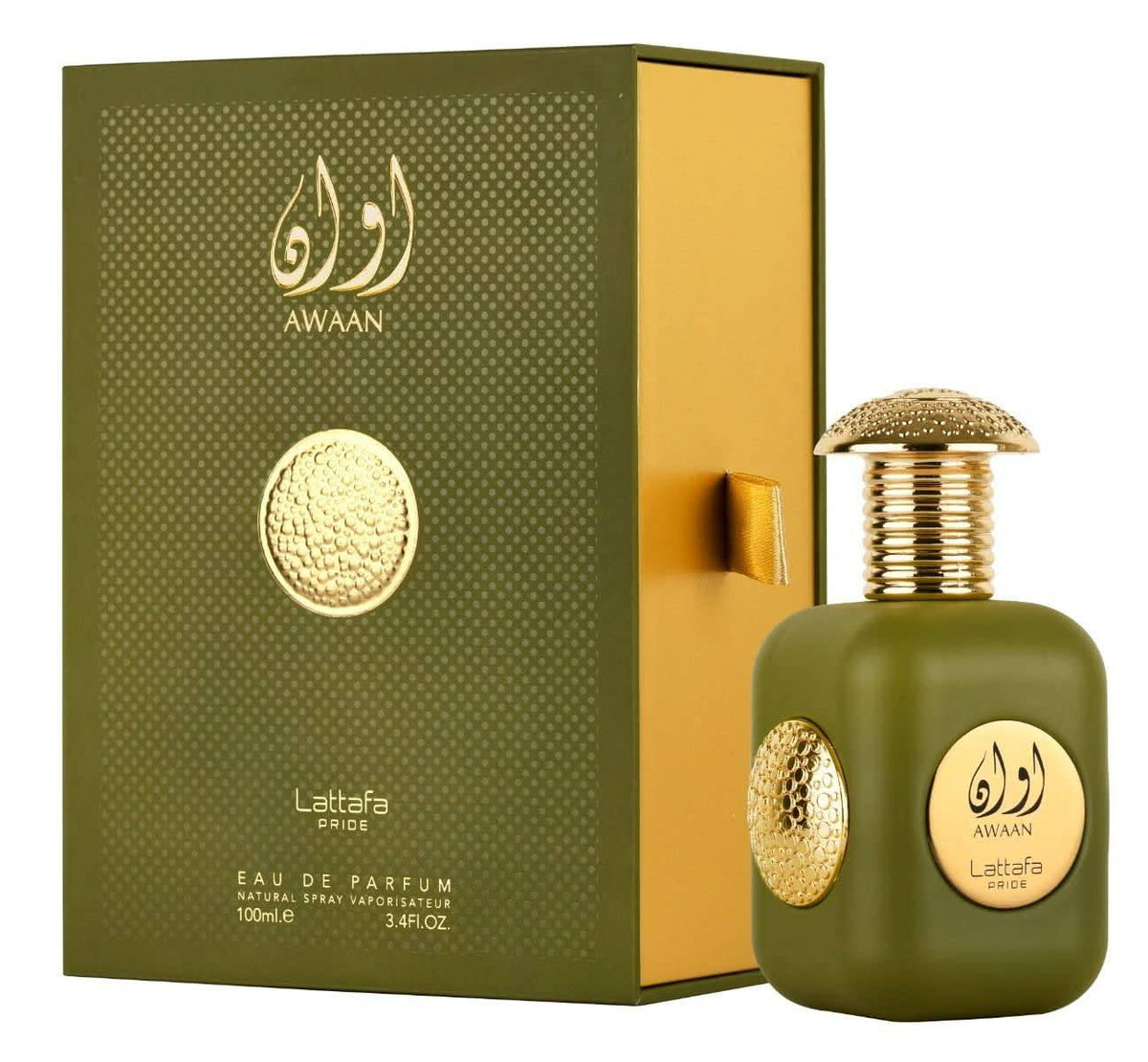 Awaan EDP by Lattafa Pride in 100mL bottle, featuring elegant perfume packaging and a sleek glass design.