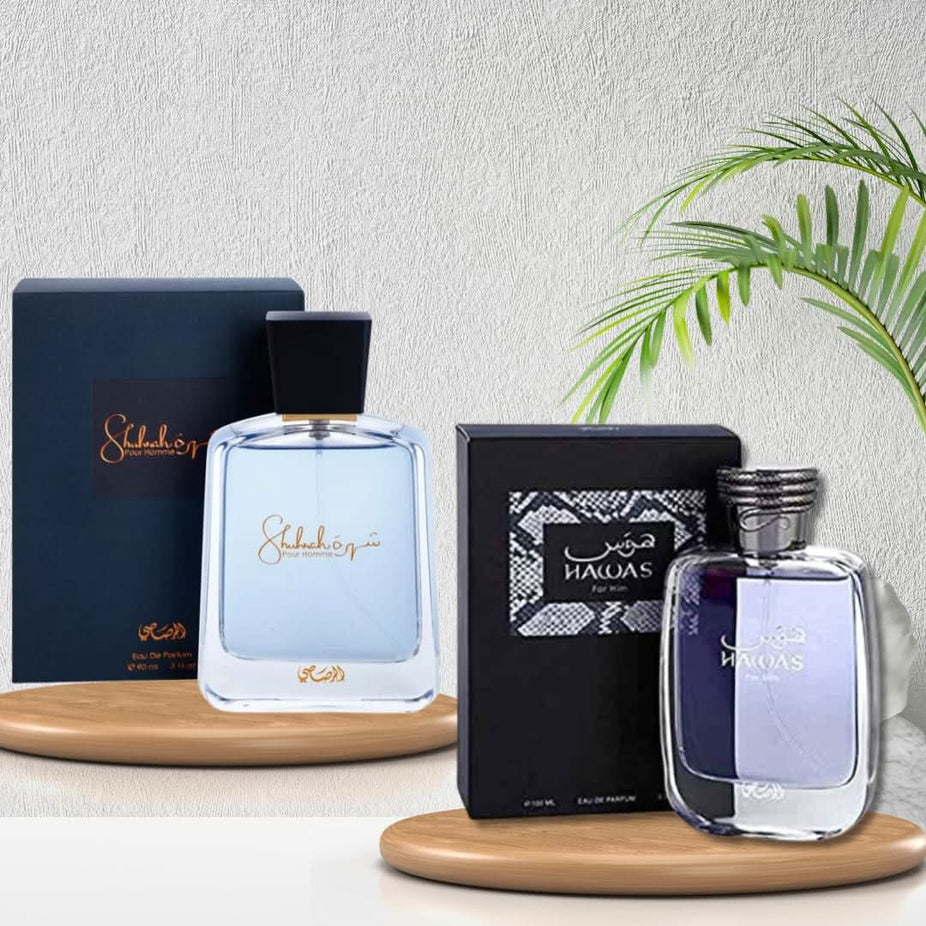 Rasasi Hawas for Him 100ml and Shuhrah Pour Homme 90ml perfume bundle, featuring stylish bottles and elegant packaging.