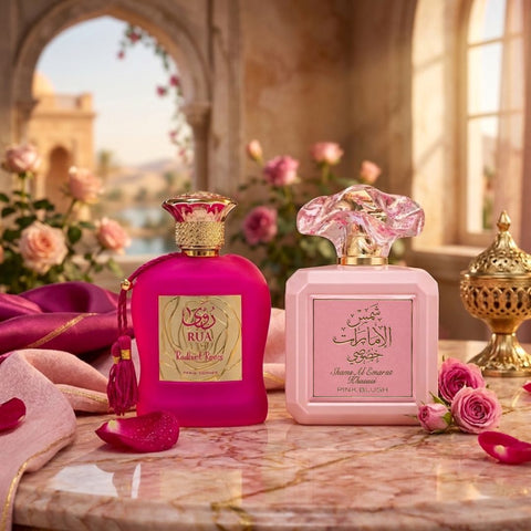 Rua Radiant Roses by Paris Corner & Pink Blush Shams Al Emarat Khususi by Ard Al Zaafaran Eau de Parfum Sprays 100ml (3.4 oz) (Bundle)
