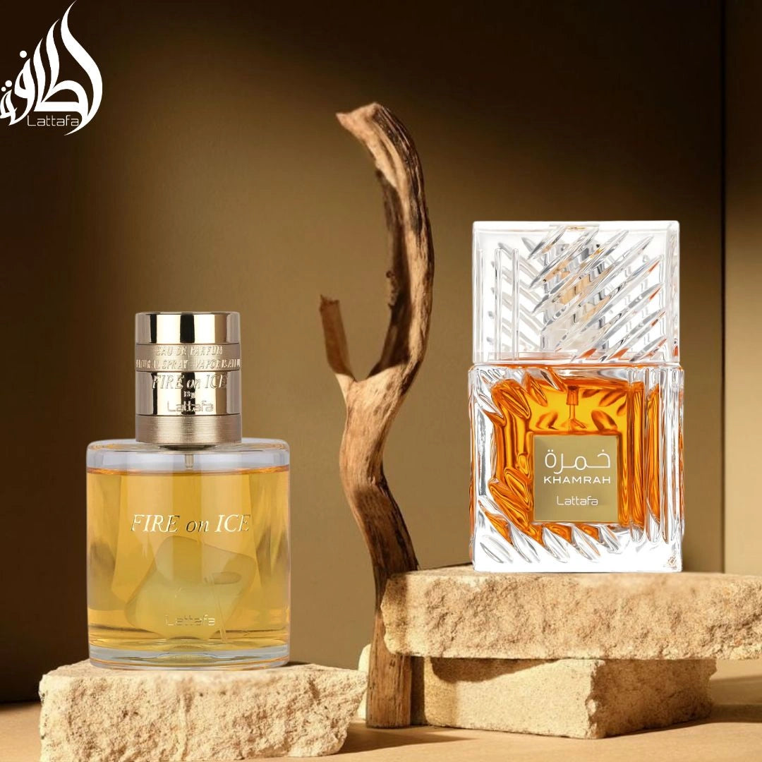 Fire On Ice 110ml & Khamrah 100ml - Eau de Parfum Sprays by Lattafa | A Bold Fusion of Warmth & Spice (Bundle) - Intense Oud