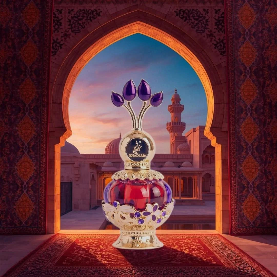 Purple Musk concentrated perfume oil by Khadlaj in a 20ml bottle, showcasing the elegant purple packaging and glass container.