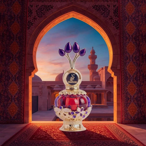 Purple Musk concentrated perfume oil by Khadlaj in a 20ml bottle, showcasing the elegant purple packaging and glass container.