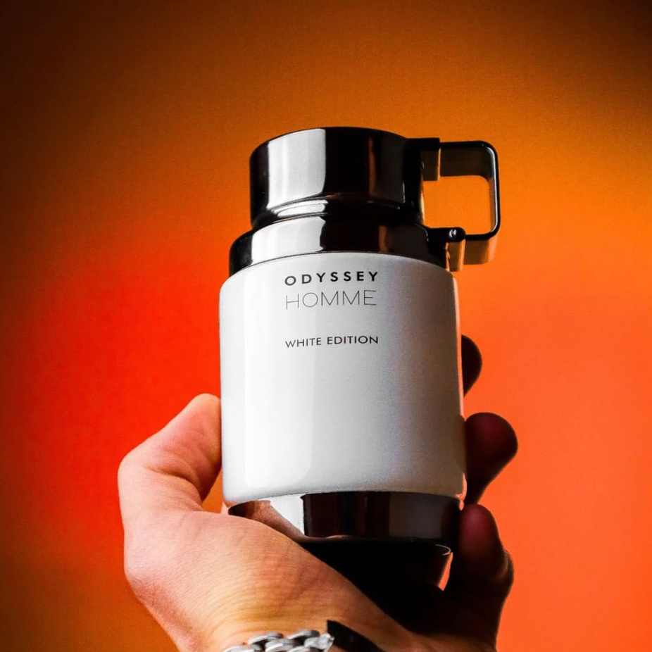 Odyssey Homme White Edition Eau de Parfum spray by Armaf, 200ml bottle, sleek white packaging with a modern design.