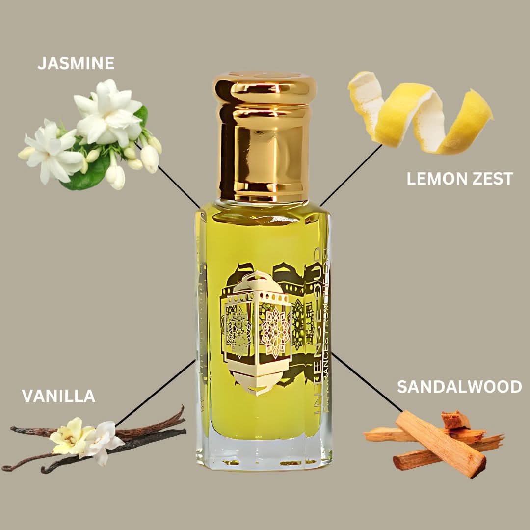 Yasmeen Al Arab perfume oil by Intense Oud in a 12ml black gift box, featuring clear glass bottle with elegant design.