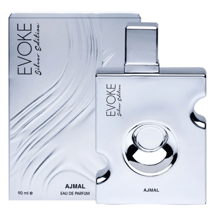 Evoke Silver Edition for Men Ajmal Eau De Parfum bottle, 90ML, with sleek silver packaging and elegant design.