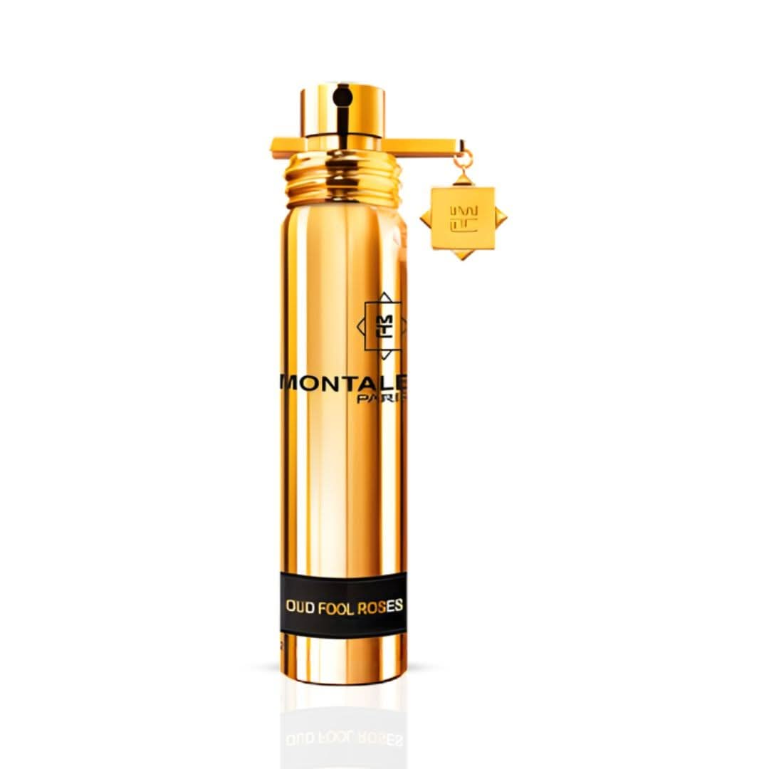 Montale Oud Fool Roses Eau de Parfum spray bottle with floral and woody fragrance, 20ml, elegant design and branding visible.