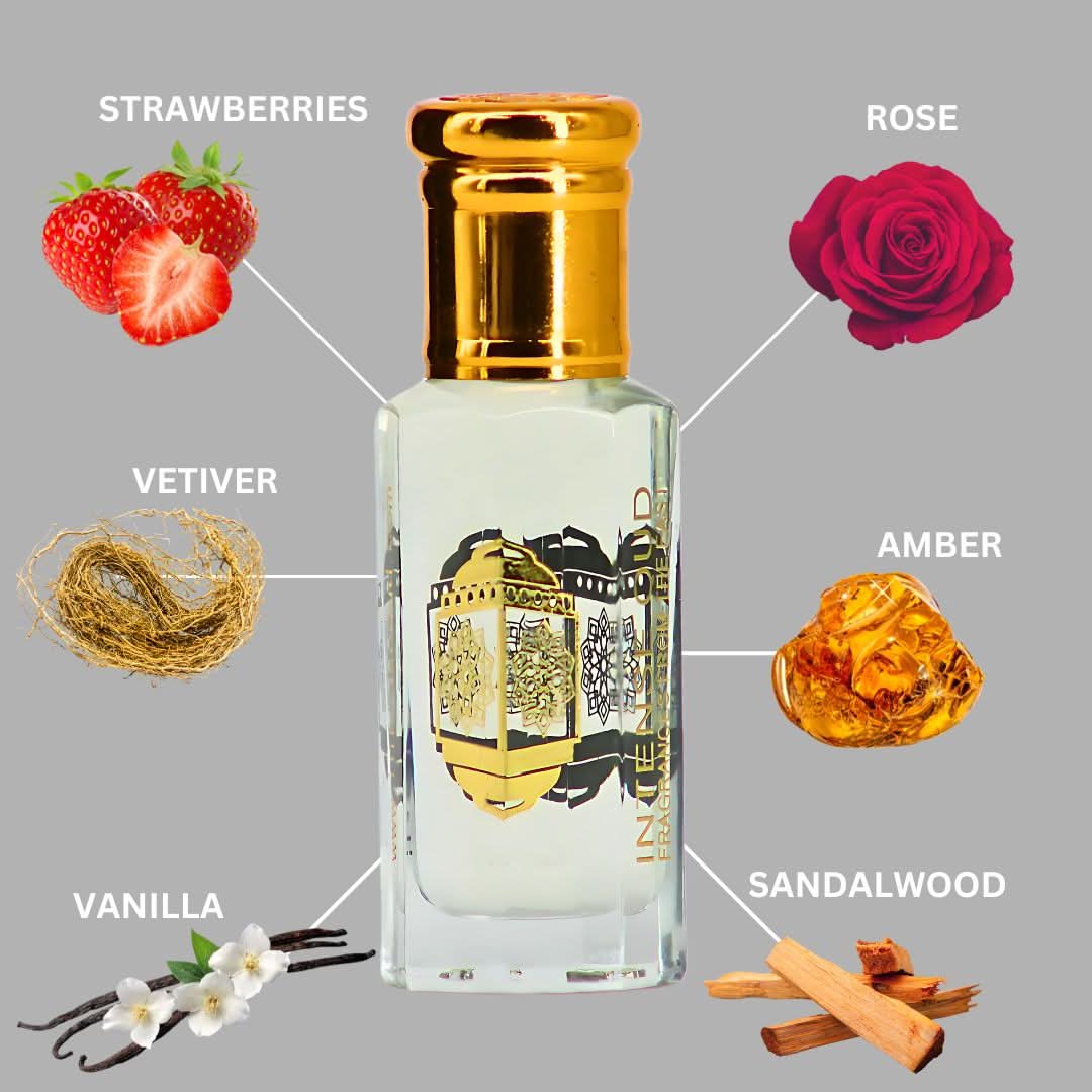 Bareez Perfume Oil by Intense Oud, 12ml loose oil with black gift box, showcasing the elegant packaging and oil bottle.
