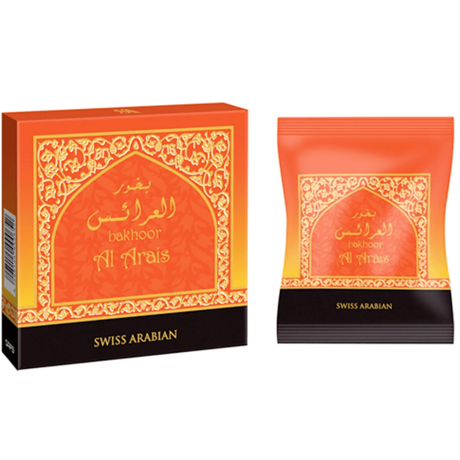 Bakhoor Al Arais by Swiss Arabian in 40 GM (1.4 oz) packaging, featuring traditional fragrant bakhoor incense blocks.