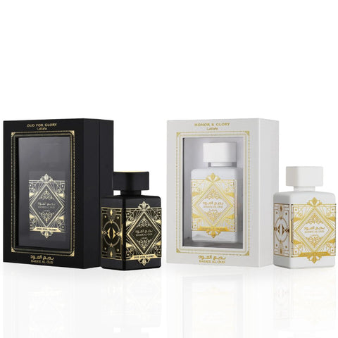 Bad'ee Al Oud Glory AND Bade’e Al Oud Honor & Glory EDP Sprays 100ML (3.4 OZ) By Lattafa | Long Lasting & Captivating Scents. (BUNDLE) - Intense Oud