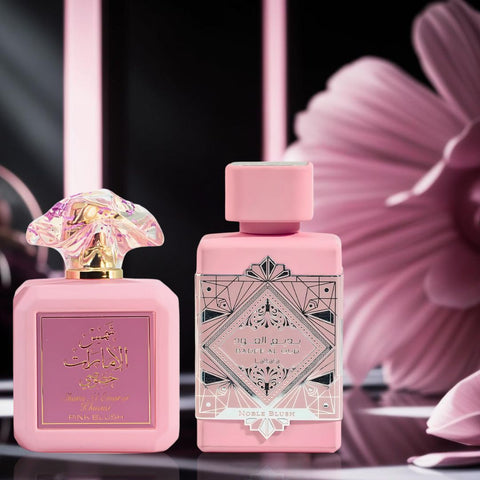 Pink Blush Shams Al Emarat Khususi by Ard Al Zaafaran & Bad'ee Al Oud Noble Blush by Lattafa - Eau De Parfum Sprays 100ML (3.4 OZ) | A Luxurious Duo of Fruity Florals & Creamy Gourmands (Bundle) - Intense Oud