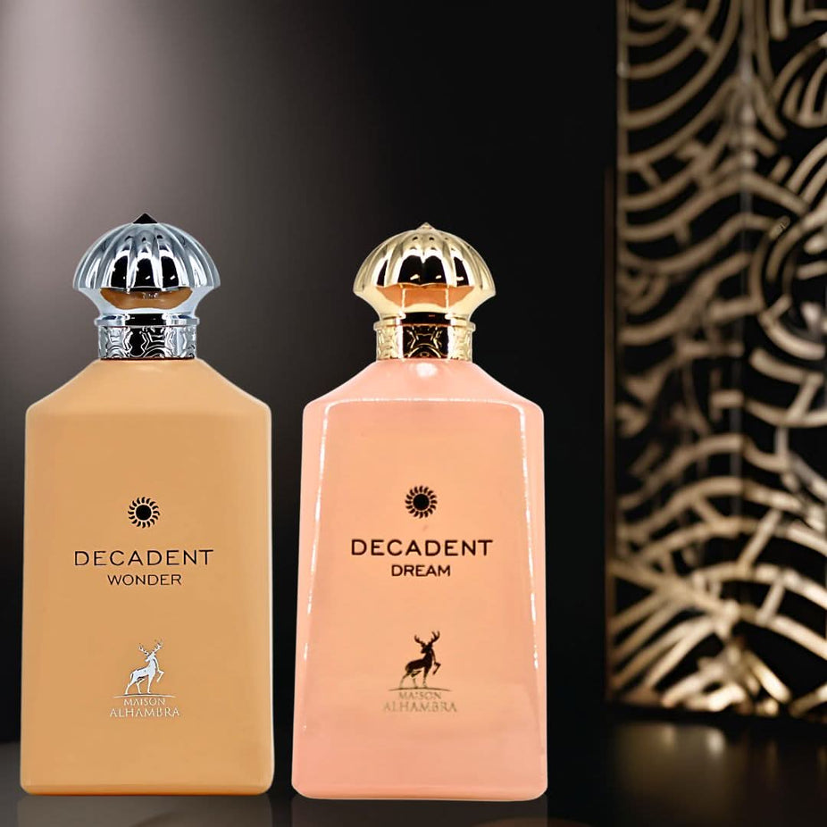 Maison Alhambra Decadent Dream & Wonder Eau de Parfum bundle with two 100ml spray bottles, elegant packaging in the image.