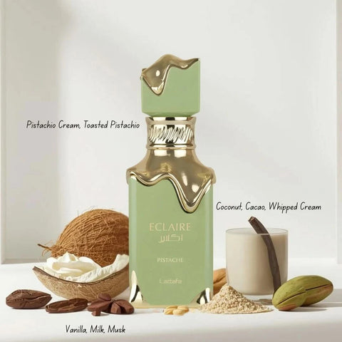 Lattafa Yara Elixir, New York Life by Hamidi, and Eclaire Pistache perfume spray bundle, each 100ml bottles, arranged together.