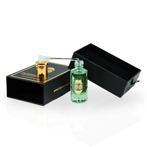 Intense Oud Fajr perfume oil 12ml in a black gift box, showcasing the elegant loose oil bottle with gold accents.