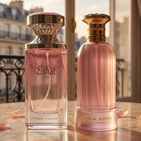 Paris Corner Eshal Musk 100ml and Bayn Al Asrar 80ml Eau de Parfum spray bundle, featuring elegant glass bottles.
