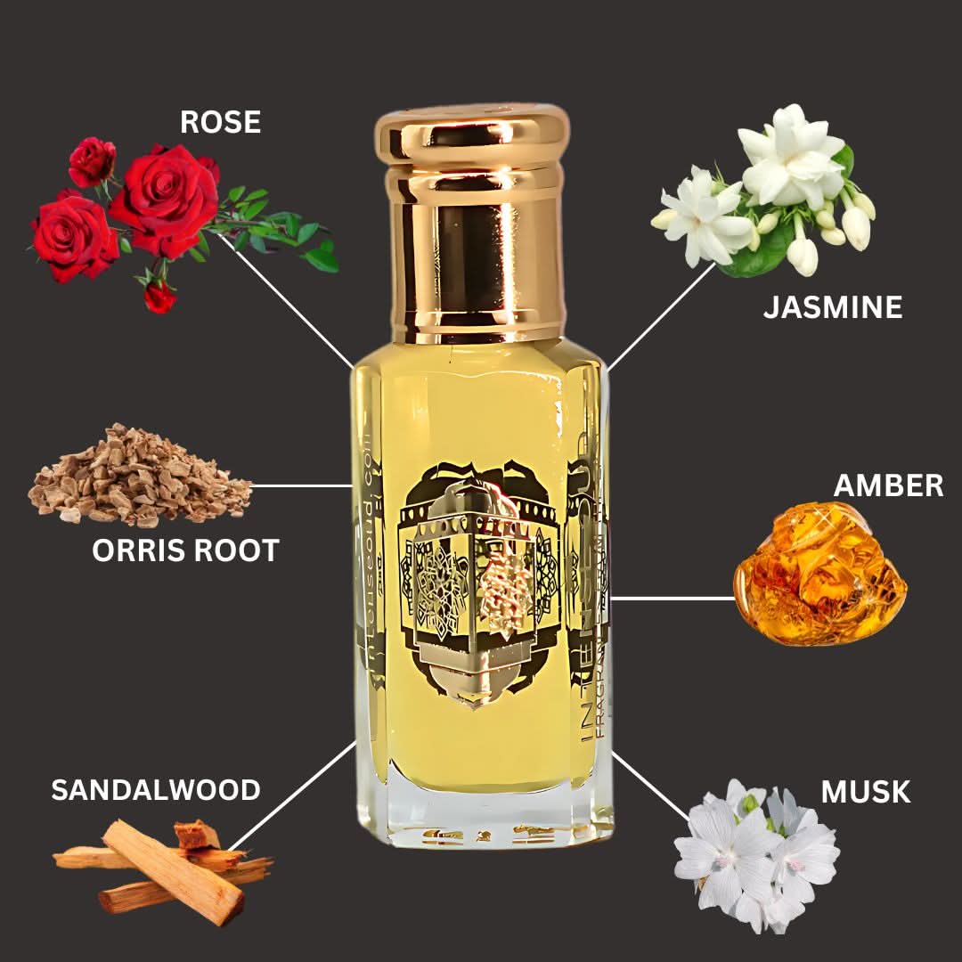 Intense Oud Attar Majmu perfume oil 12ml in a clear glass bottle with black gift box, showcasing elegant packaging and loose oil.