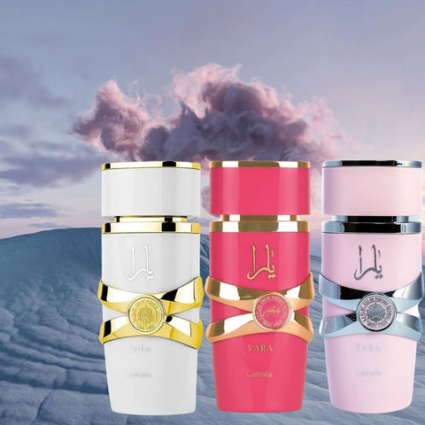 Lattafa Yara Candy and Yara Moi Eau de Parfum sprays in a 100ml bundle, featuring sleek bottles with colorful perfume liquids.