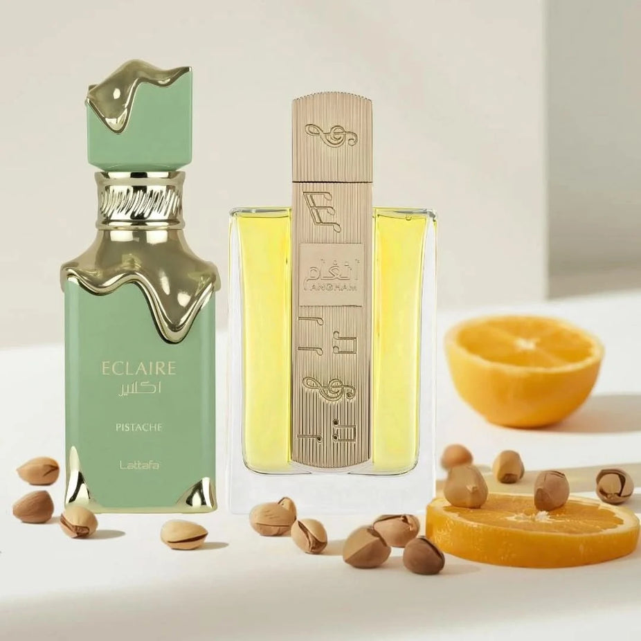 Lattafa Eclaire Pistache & Angham Eau de Parfum bundle, 100ml spray bottles, featuring elegant packaging and fragrance bottles