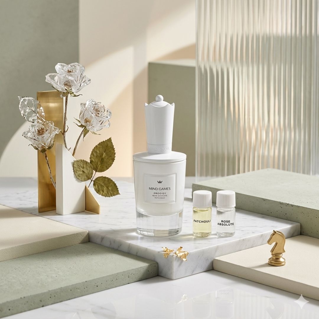 Prodigy Extrait de Parfum by Mind Games in 100ml bottle, elegant glass container with a sleek design, showcasing the EDP fragrance.
