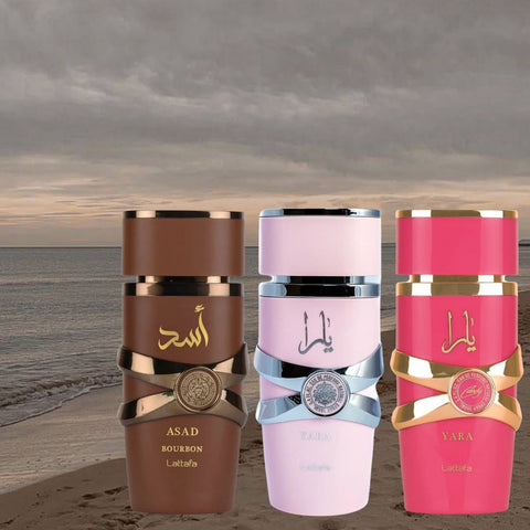 Lattafa Yara Candy and Asad Bourbon Eau de Parfum Spray bundle, 100ml bottles, featuring elegant perfume bottles with decorative caps.