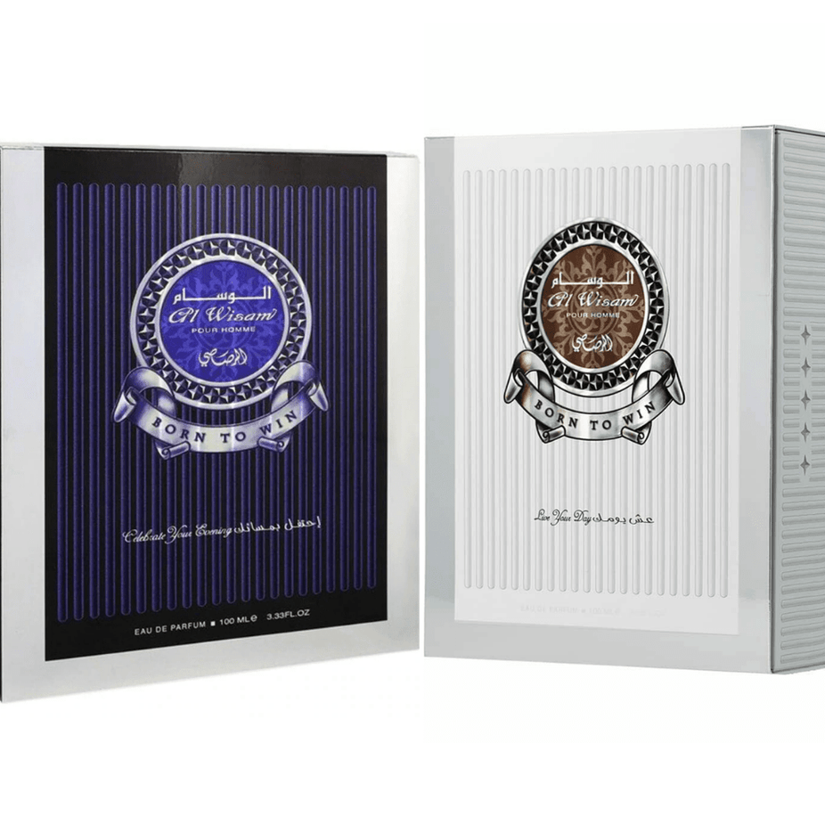 Al Wisam EDP Day & Evening Men bundle by Rasasi, 100ml perfume bottles for men, featuring elegant packaging and branding.