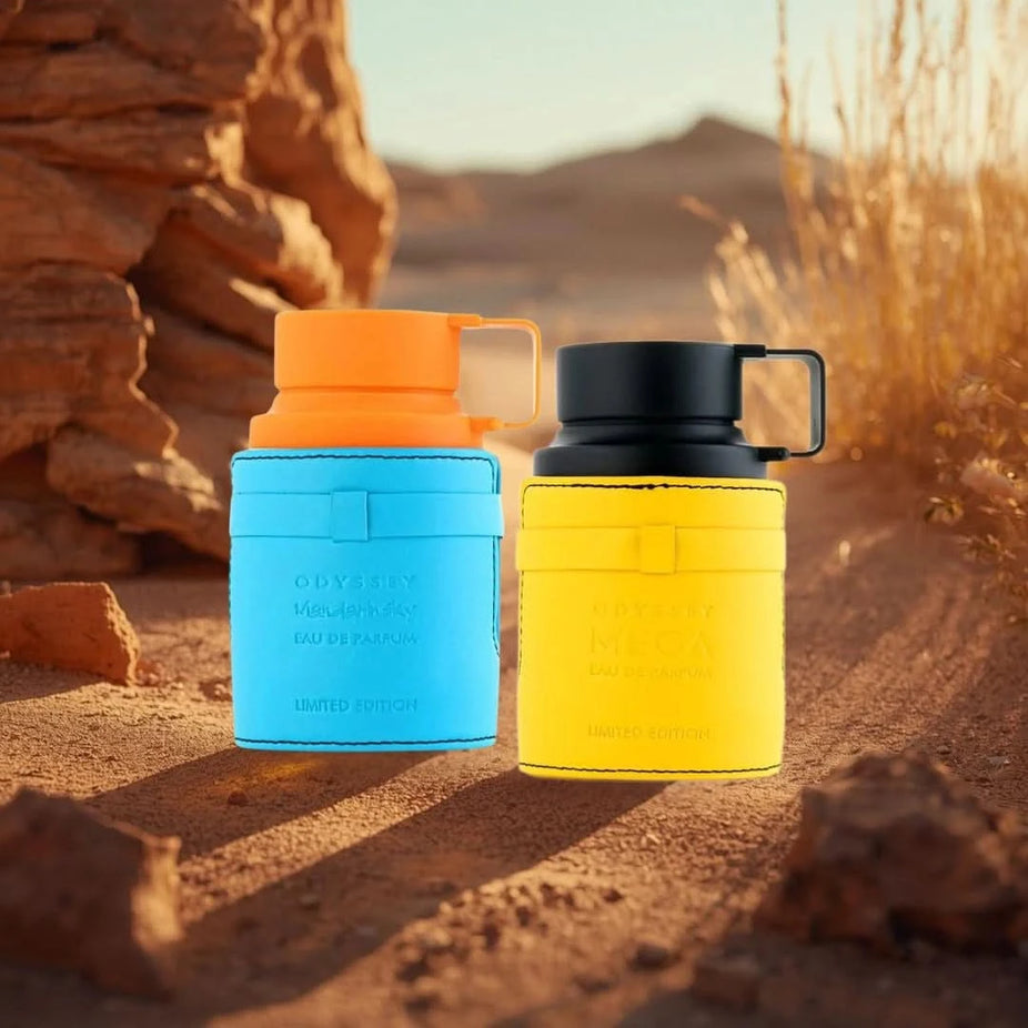 Odyssey Mandarin Sky and Mega Man Eau de Parfum sprays by Armaf in 100ml bottles, displayed together in a sleek bundle.