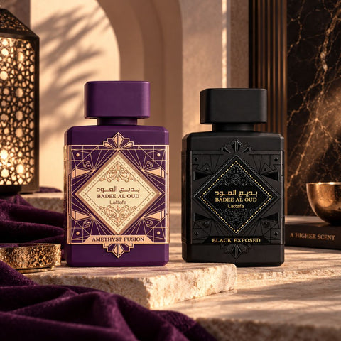 Bade'e Al Oud Amethyst Fusion & Black Exposed Eau de Parfum Sprays 100ml (3.4 oz) by Lattafa (Bundle)