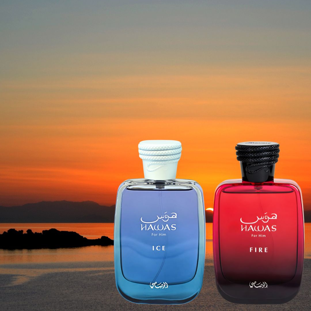 Hawas Ice For Him & Hawas Fire Eau De Parfum Sprays 100ML (3.4 OZ) By Rasasi | Fresh, Bold & Fiery Fragrances For A Lasting Impression. (ICE N FIRE BUNDLE) - Intense Oud