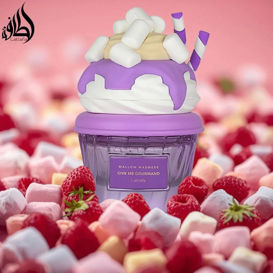 Lattafa Mallow Madness Eau de Parfum spray 75ml in a velvet pouch, featuring floral and sweet fragrance notes.