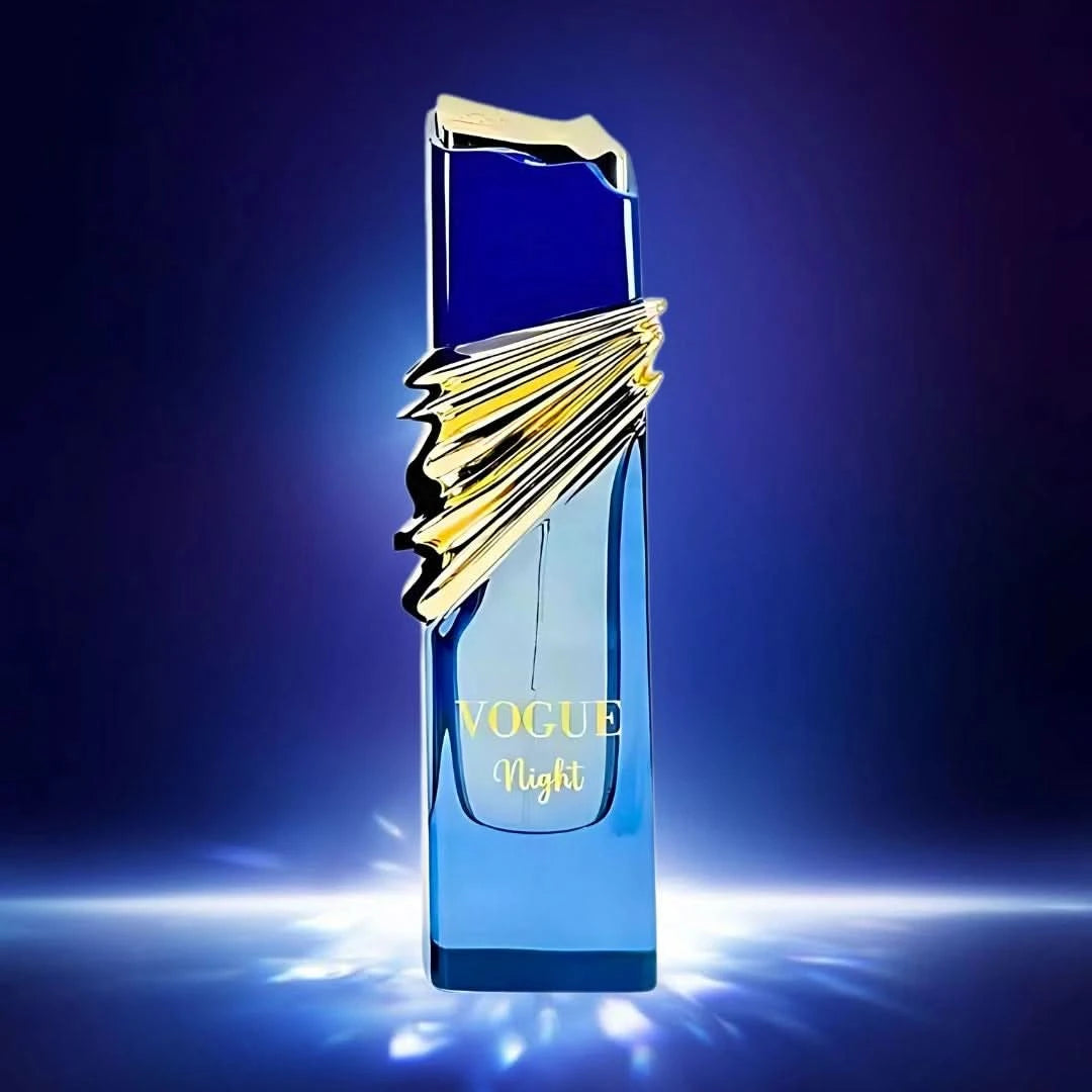 Maison Alhambra Vogue Night Eau de Parfum spray 100ml with velvet pouch, elegant glass bottle with gold accents.