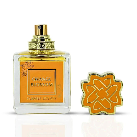 Orange Blossom Eau de Parfum Spray by Flower Scents in a velvet pouch, featuring a sleek 65ml bottle with floral design.