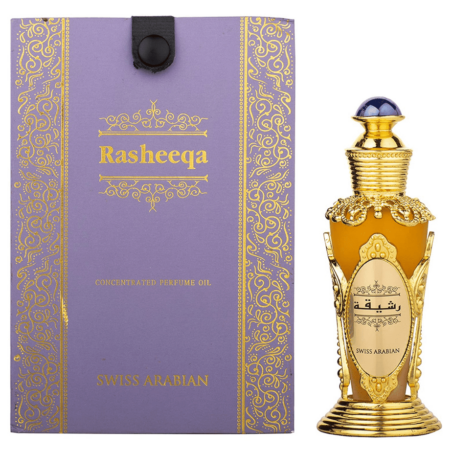 Swiss Arabian Rasheeqa perfume oil bottle, 20ml CPO concentrated perfume oil with elegant packaging.