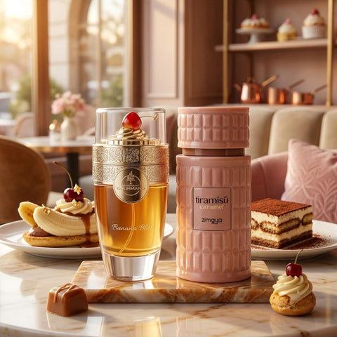 Bundle of 100ml Paris Corner Banana Bliss and Zimaya Tiramisu Caramel Eau de Parfum sprays, featuring fruity and dessert-inspired scents.