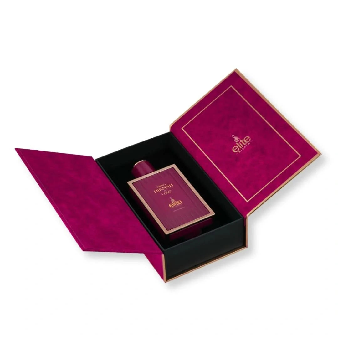 Hikmah Of Love Eau de Parfum spray by Elite Risala, 100ml, featuring a sleek bottle with elegant design and floral accents.