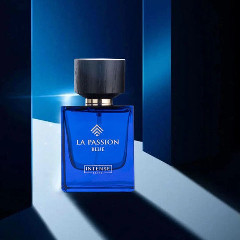 Intense Elite La Passion Blue for Men Eau De Parfum spray in 100ml bottle, displayed with velvet pouch.