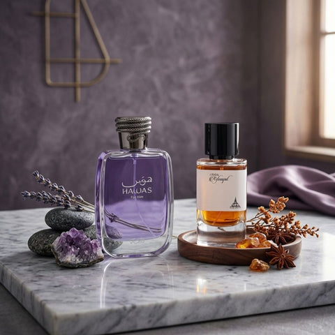 Hawas for Men 100ml (3.4 oz) by Rasasi & Rifaaqat 80ml (2.7 oz) by Paris Corner Eau de Parfum Sprays (Bundle)
