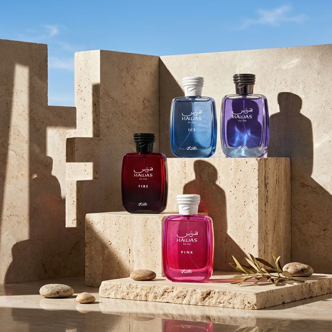 Rasasi Hawas Men Eau de Parfum bundle with Ice, Fire, and Pink sprays, 100ml each, featuring sleek bottles and vibrant packaging.