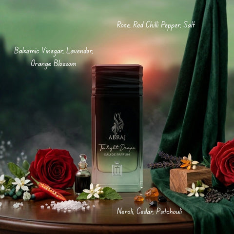 Aura Fragrances perfume bundle featuring Abraj Twilight Drape, Ruby Majesty, and Indigo Veil Eau De Parfum sprays in 100ml bottles.
