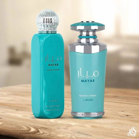 Lattafa Mayar Natural Intense Eau de Parfum and All Over Spray bundle, 100ml and 150ml bottles, with elegant fragrance bottles.