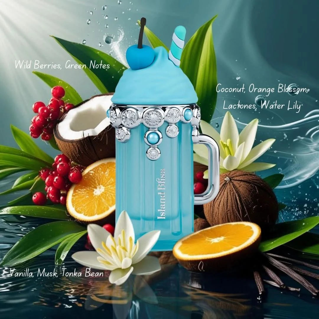 Armaf Delights Island Bliss Eau de Parfum spray 100ml, elegant bottle with velvet pouch, floral and tropical fragrance.