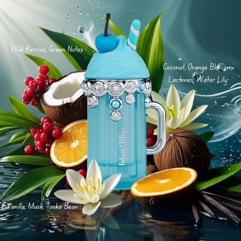 Armaf Delights Island Bliss Eau de Parfum spray 100ml, elegant bottle with velvet pouch, floral and tropical fragrance.