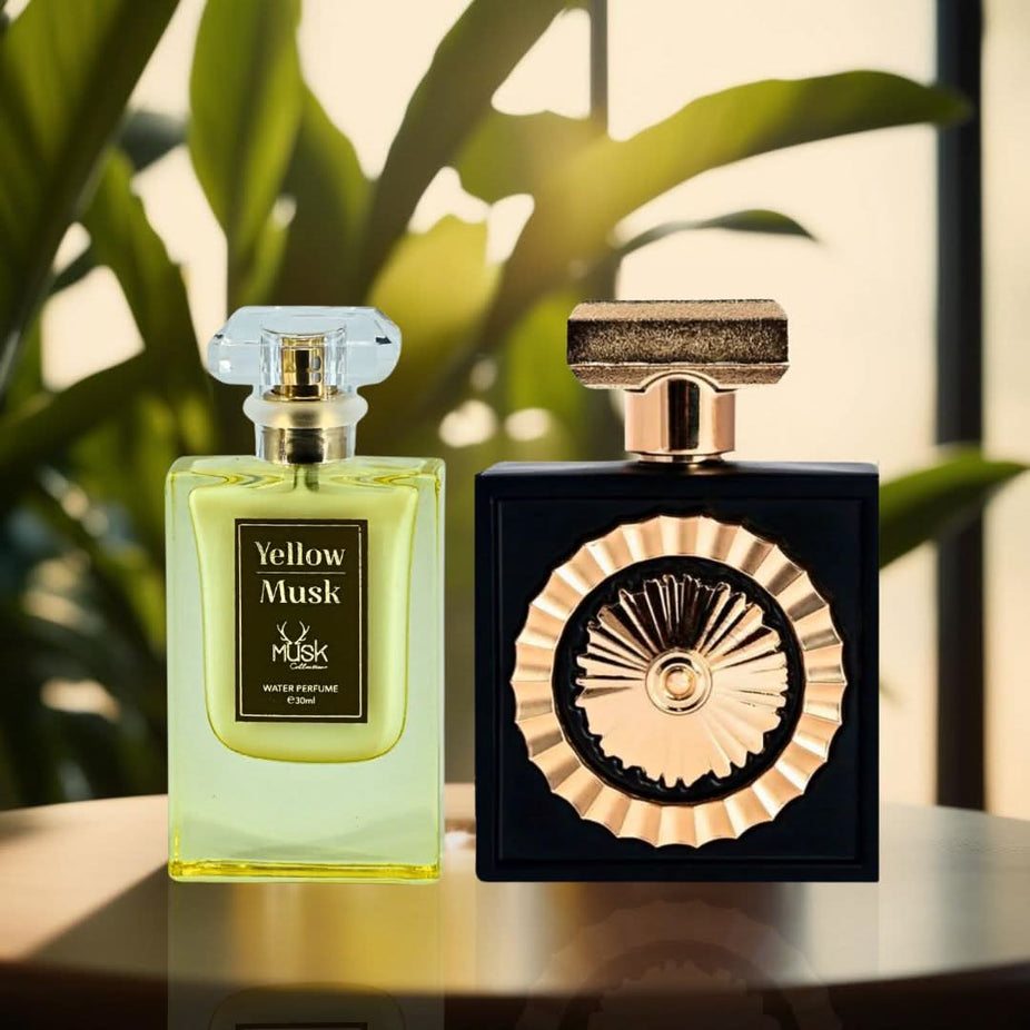 Bundle of Intense Oud Nebras Eau de Parfum 100ml and Yellow Musk Water Perfume 30ml by Lattafa and Hamidi, showing both bottles.