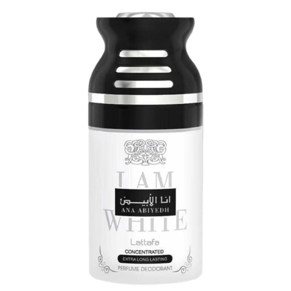 Lattafa Ana Abiyedh Unisex deodorant spray 250ML bottle with sleek packaging and clear label.