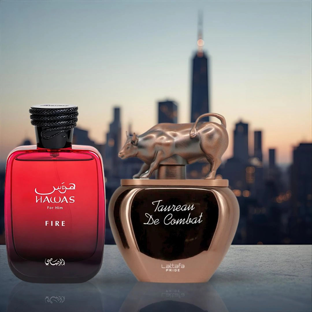 Hawas Fire for Men by Rasasi & Taureau De Combat by Lattafa Pride - Eau de Parfum Sprays 100ml | The Fresh and The Fierce: Redefine Your Presence (Bundle) - Intense Oud