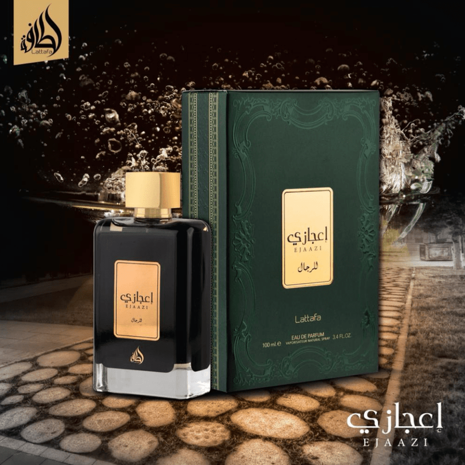 Lattafa Ejaazi Eau De Parfum spray 100ml bottle with elegant packaging and fragrance details.