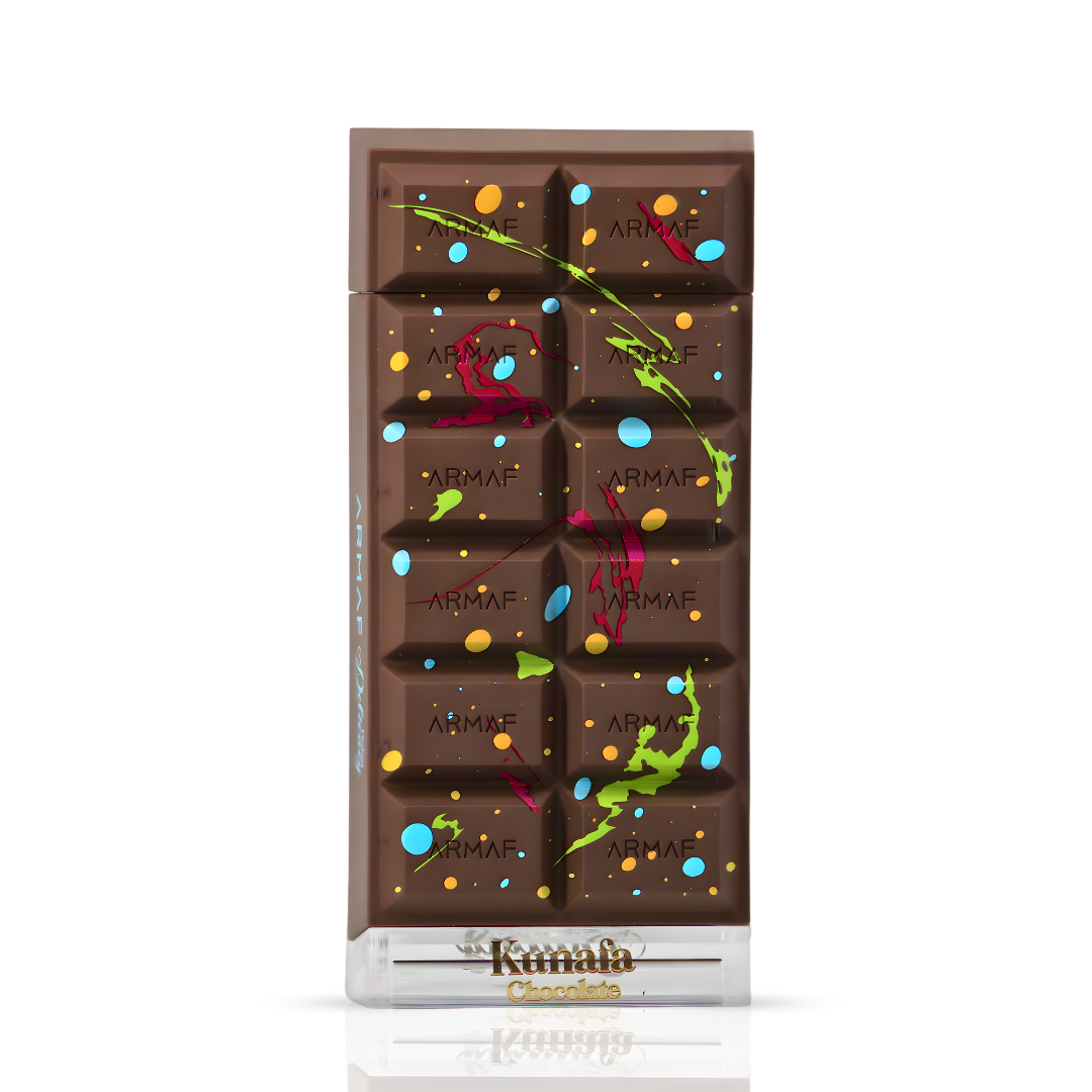 Armaf Dubai Delicacy Kunafa Chocolate Eau de Parfum Spray 70ml with velvet pouch, featuring a sleek perfume bottle.