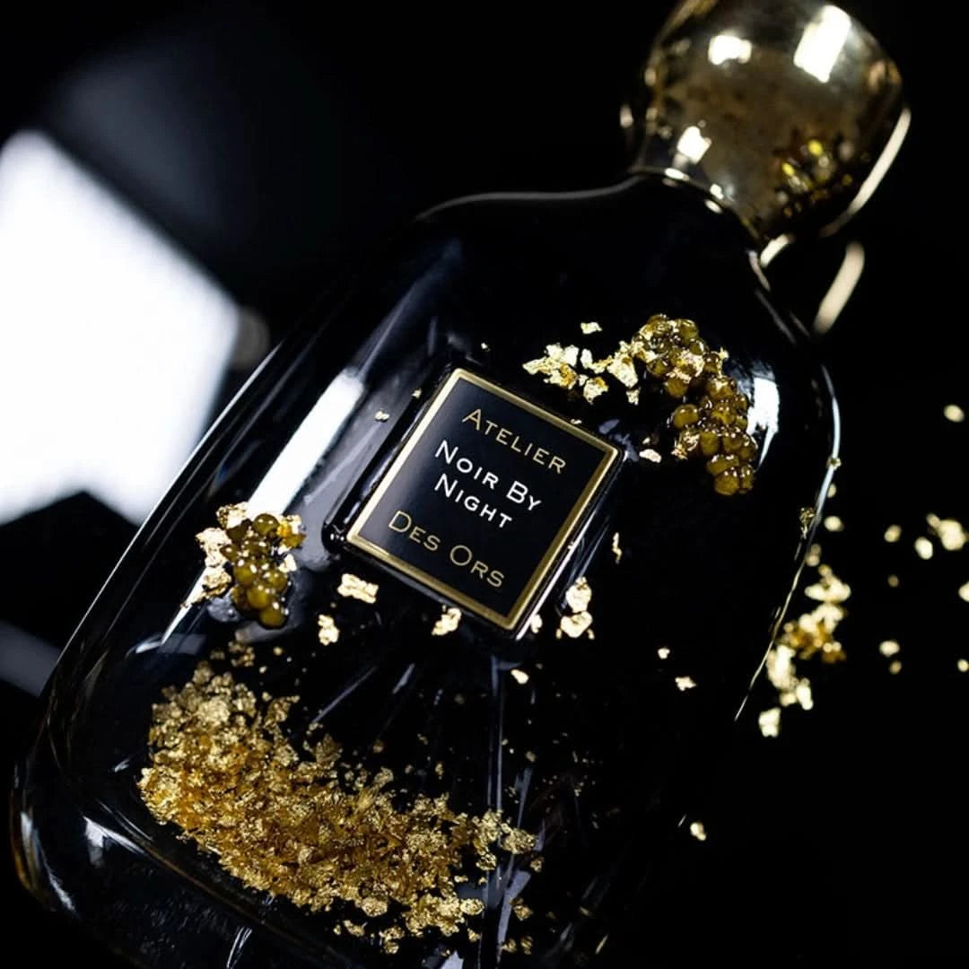Noir by Night Eau de Parfum spray bottle by Atelier Des Ores, 100ml, featuring elegant black and gold perfume packaging.