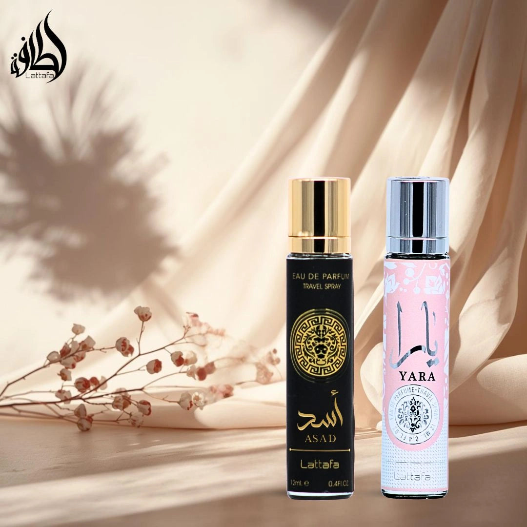 Asad & Yara Eau de Parfum Travel Sprays 12ml by Lattafa | Elevate Any Moment with the Lattafa Travel Duo (Bundle) - Intense Oud